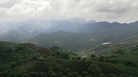 Stunning-tilting-aerial-shot-of-rice-fields-and-mountains-in-Sapa,-Vietnam