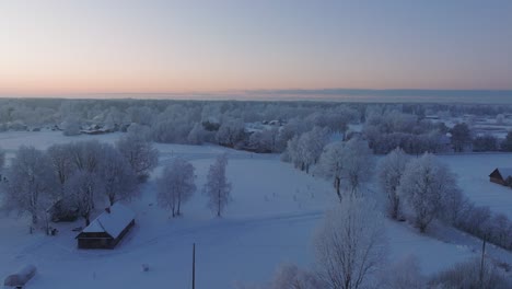 Aerial-establishing-shot-of-a-rural-landscape,-countryside,-agricultural-fields-and-trees-covered-with-snow,-cold-freezing-weather,-sunset-golden-hour-light,-wide-drone-shot-moving-forward-slow