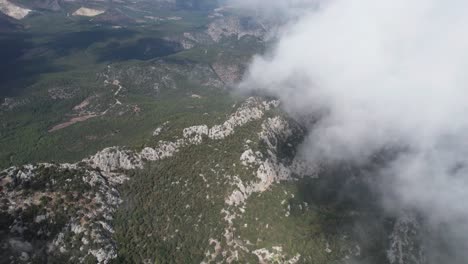 Cloudy-mountains-aerial-drone-shot-Thermessos,-Antalya,-Turkey