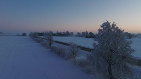 Aerial-establishing-shot-of-a-rural-landscape,-countryside-road,-agricultural-fields-and-trees-covered-with-snow,-cold-freezing-weather,-golden-hour-light-glow,-wide-drone-shot-moving-forward