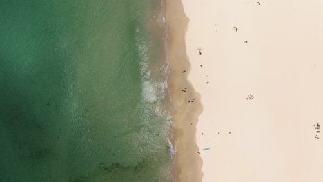 Vertical-Shot-Of-Vacationers-On-The-Sandy-Beach-Of-Bondi,-Sydney,-NSW-Australia