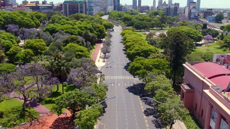 Dolly-in-aerial-view-of-a-wide-and-lonely-avenue-on-a-sunny-day-in-Buenos-Aires,-cyclist-and-car-crossing-each-other