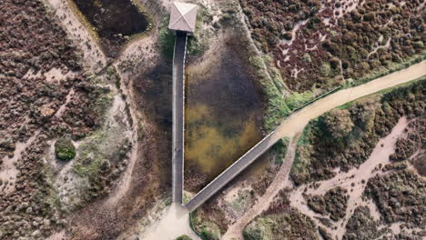 Costa-Brava-Bird-watching-nature-reserve-wooden-boardwalk-bridges-aerial-view-descent-to-marshland