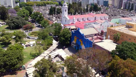 Aerial-orbit-of-a-Sunday-market-in-front-of-the-Recoleta-cultural-center,-a-place-of-recreation-and-education-in-Buenos-Aires,-Argentina