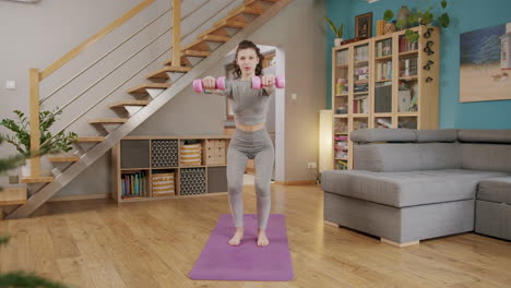 Woman-in-grey-workout-clothes-do-home-workout-on-yoga-mat-with-pink-dumbbells