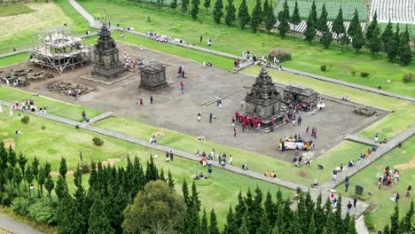 Destination-spot-for-tourist---Arjuna-Temple-in-Dieng-Plateau,-aerial-orbit-view