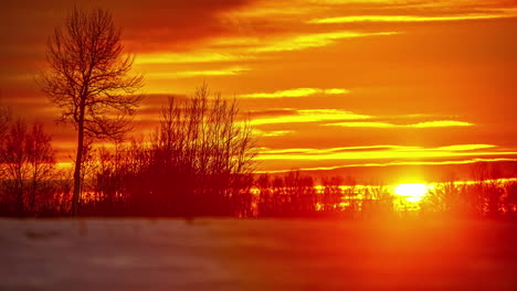 Golden-Leuchtender-Sonnenuntergang-Auf-Einer-Verschneiten-Winterlandschaft---Zeitraffer