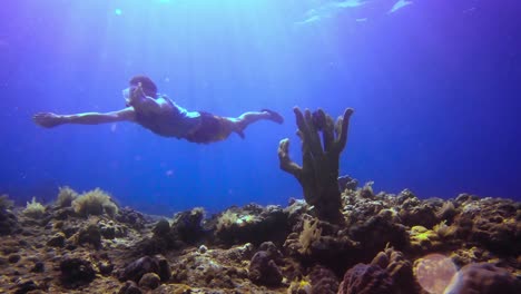 Hombre-Buceando-Y-Buceando-En-Agua-Azul-Cristalina-Con-Hermosos-Arrecifes-De-Coral-Debajo-De-él-Y-Rayos-De-Sol-Penetrando-El-Agua-Sobre-él