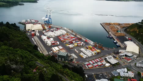 Aerial-view-of-busy-Port-Chalmers-container-shipping-port-in-Dunedin-New-Zealand