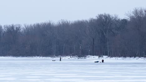 Wide-shot-of-people-ice-fishing-on-a-frozen-bay