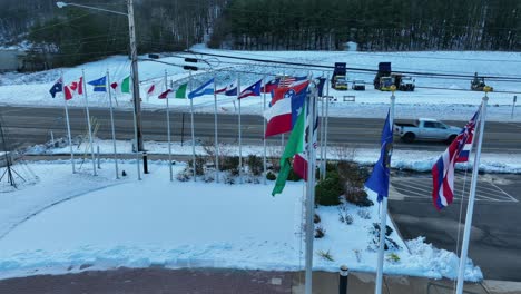 Aerial-view-of-flags-waving-in-snow-at-the-Williamsport-Pennsylvania-Little-League-Baseball-Museum