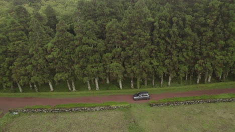 Drone-Vista-De-Conducción-De-Automóviles-En-Camino-De-Grava---Parque-Florestal-Das-Sete-Fontes