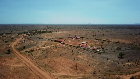 Panoramic-drone-shot-of-a-school-in-a-village-in-Karamoja,-a-remote-region-in-Uganda,-Africa