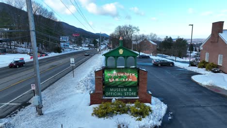Aerial-approach-towards-sign-at-the-Williamsport-PA-Little-League-Baseball-Hall-of-Fame