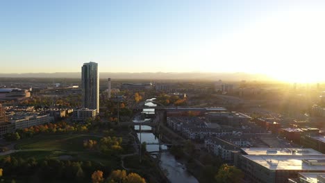 Wide-establishing-aerial-drone-shot-slowly-flying-over-Cherry-Creek-in-Denver-during-sunrise