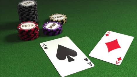 Karten,-Die-Auf-Einen-Pokertisch-Mit-Stapeln-Von-Spielchips-Ausgeteilt-Werden---Pokerhände---Pik-Asse-Und-Karo-Asse---Paar