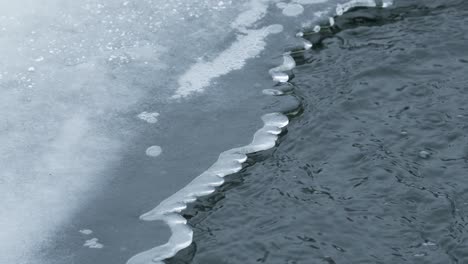 Extreme-Nahaufnahme-Von-Wasser,-Das-Unter-Eis-Fließt