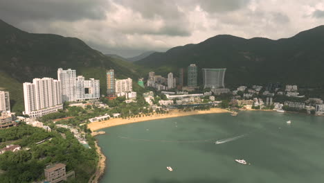 Aerial-drone-slow-panning-shot-of-Repulse-Bay-during-cloudy-day,-Hong-Kong