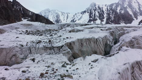 Cinematic-aerial-drone-shot-of-the-rocky-terrain-of-the-Ak-Sai-glacier-in-Kyrgyzstan