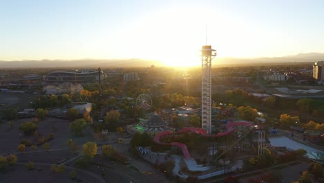 Slow-panning-aerial-drone-shot-of-Elitch-Gardens-Theme-Park,-Denever
