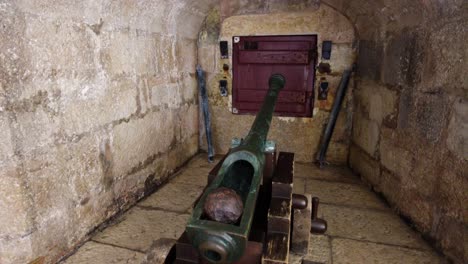 Antique-Cannon-Inside-Belem-Tower-In-Lisbon,-Portugal---close-up