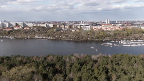 Aerial-dolly-covering-Stockholm-skyline-on-early-spring-day