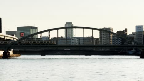 Zugfahrt-über-Eine-Brücke,-Stadtbild-Von-Tokio-Im-Hintergrund,-Japan