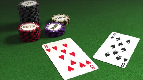 Karten,-Die-Auf-Einen-Pokertisch-Mit-Stapeln-Von-Spielchips-Ausgeteilt-Werden---Pokerhände---Ein-Paar-Achter---Herz-Acht-Und-Pik-Acht