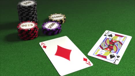 Karten,-Die-Auf-Einen-Pokertisch-Mit-Stapeln-Von-Spielchips-Ausgeteilt-Werden---Pokerhände---Karo-Ass-Und-Pik-Bube---21-Ponton-Blackjack