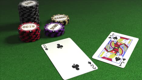Cards-dealt-onto-a-poker-table-with-piles-of-gambling-chips---poker-hands---2-of-Clubs-and-Jake-of-Spades