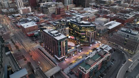 Aerial-shot-of-Rally-Hotel-in-Denver,-Colorado-during-the-beautiful-light-of-the-dusk
