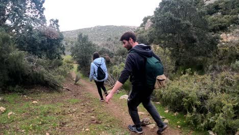 Hikers-walking-in-group-at-mountain-forests-and-pathways