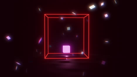 Animación-De-Cubo-Rojo-3d-Que-Brilla-Intensamente-Girando-Dentro-De-Otro-Cubo-Enmarcado