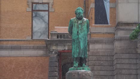Statue-Of-Famous-Norwegian-Playwright-And-Theatre-Director-Henrik-Isben-Outside-The-National-Theatre-In-Oslo-On-Snowy-Day