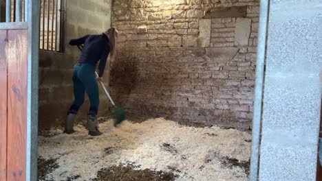Girl-spreading-out-horse-bedding-shavings-with-a-pitchfork-in-a-stables-box