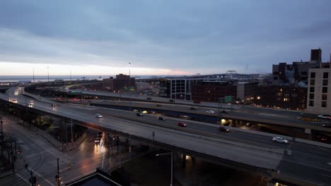 aerial-I-794-overpass-from-milwaukee,-wisconsin,-downtown-at-the-sunrise