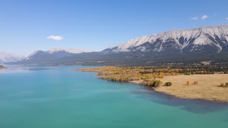 Aerial-View-Panning-Left-Over-Abraham-Lake-In-Autumn