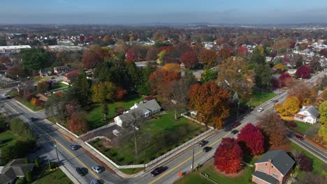 Aerial-of-small-town-residential-houses-and-homes-in-autumn