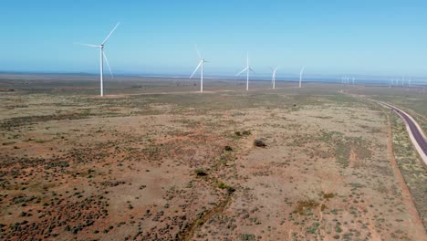 Luftdrohne-Malerische-Landschaftsaufnahme-Von-Wind-Offenes-Feld-Bauernhof-Energie-Erneuerbare-Klimawandel-Outback-Port-Augusta-Adelaide-Südaustralien-4k