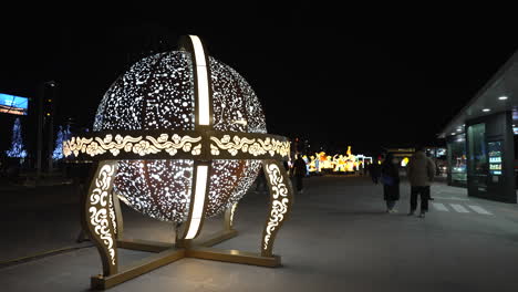 Honsang---Celestial-Globe,-Shimmering-Huge-Ball-Ornament-At-Night-At-Gwanghwamun-Square-During-Lantern-Festival-In-Seoul,-South-Korea