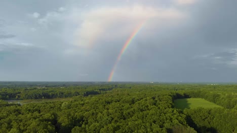 Drone-Shot-Tilts-Up-from-Green-Forest-to-Rainbow-in-the-Sky
