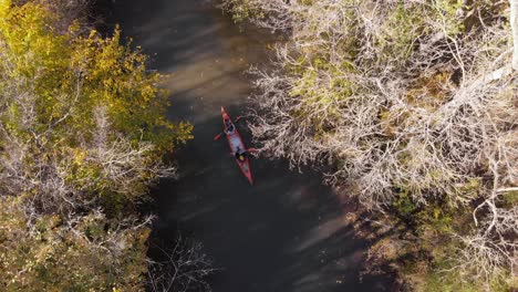 man-and-woman-with-canoe-advance-on-the-river-in-autumn,-drone-follows-from-the-air-Turkey-iğneada