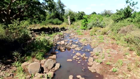 Establisher-shot-of-stream-running-river-with-rocks-and-blue-sky-in-Tanzania