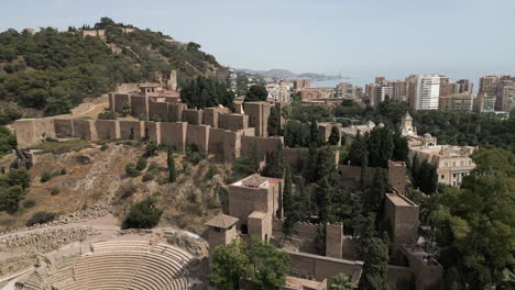 Wide-Drone-Shot-of-Old-Ruins-in-Malaga,-Spain