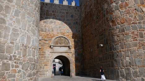 Tilt-down-shot-of-the-Alcázar-gate-in-the-fortified-town-of-Ávila