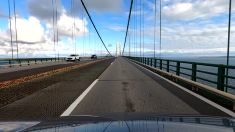 POV-Driving-over-Mackinaw-Bridge,-Mackinaw-City,-Michigan