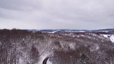 in-snowy-weather,-drone-soars-forward-and-up-through-woodland-recording-scenery
