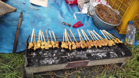 Sate,-Indonesian-Street-Food,-Roasted-Grilled-Meat,-Bali,-Local-Snack,-Skewer,-Brochette-Barbecued-Dish