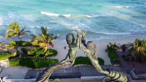 Aerial-drone-view-of-the-Mayan-Portal-monument-at-Playa-del-Carmen-in-the-Mayan-Riviera,-Mexico