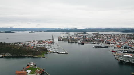 Drone-pullback-reveals-Stavanger-City-Bridge,-Rogaland,-Norway
